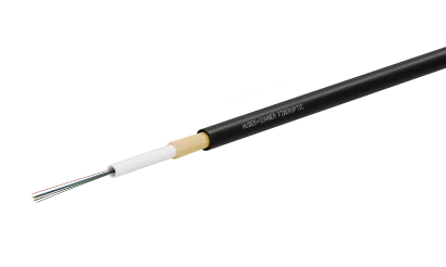 Fiber-optic cable showing protective layers and colored optical fibers