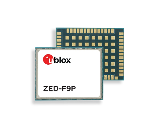Top and bottom views of the u-blox ZED-F9P GNSS module — representative product